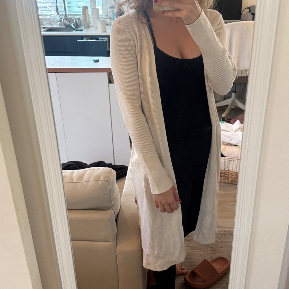 Abercrombie & Fitch Long Open-Front Ribbed Dress Cardigan - Cream